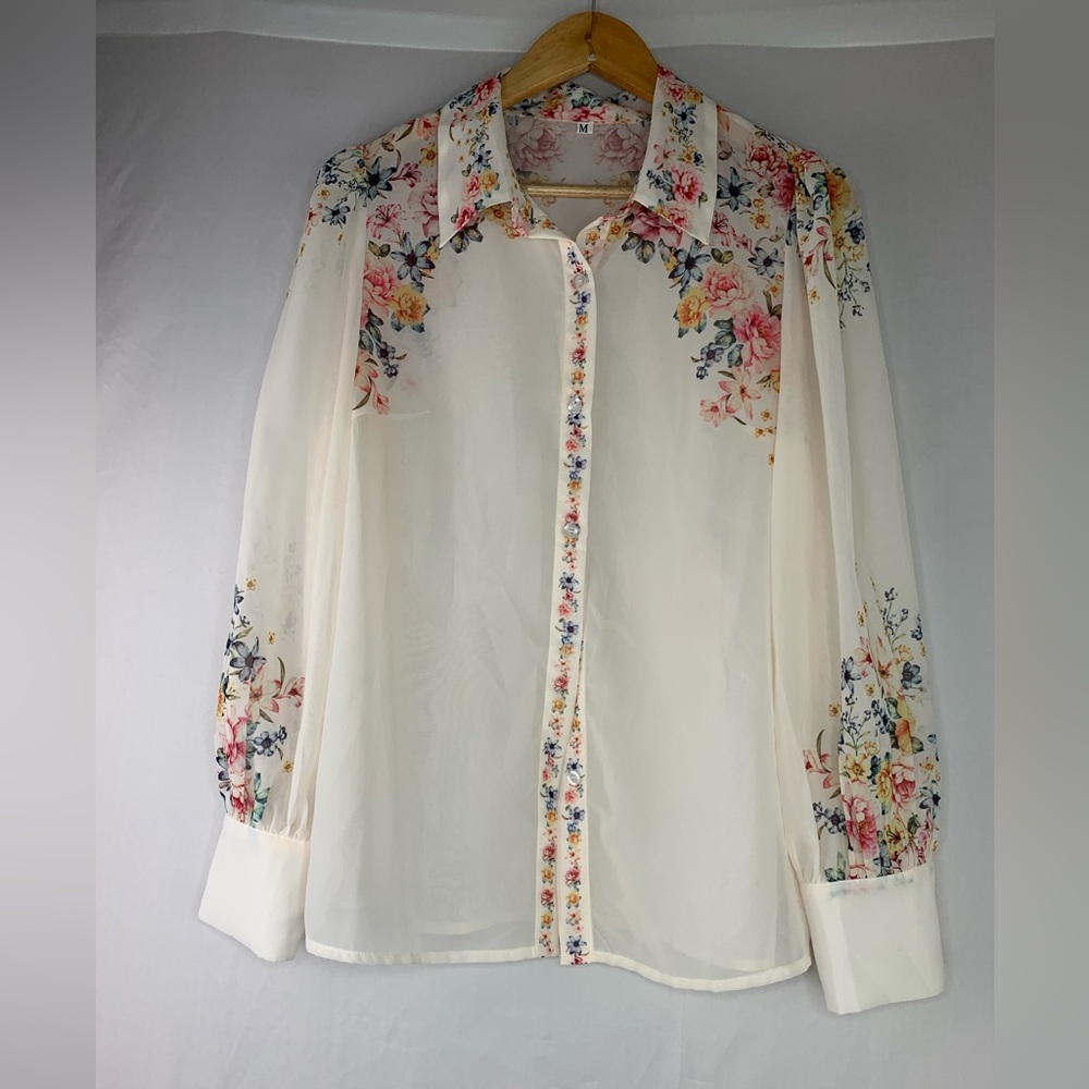 Pre- Owned Floral Sheer Blouse - Cream - Picture 6 of 8